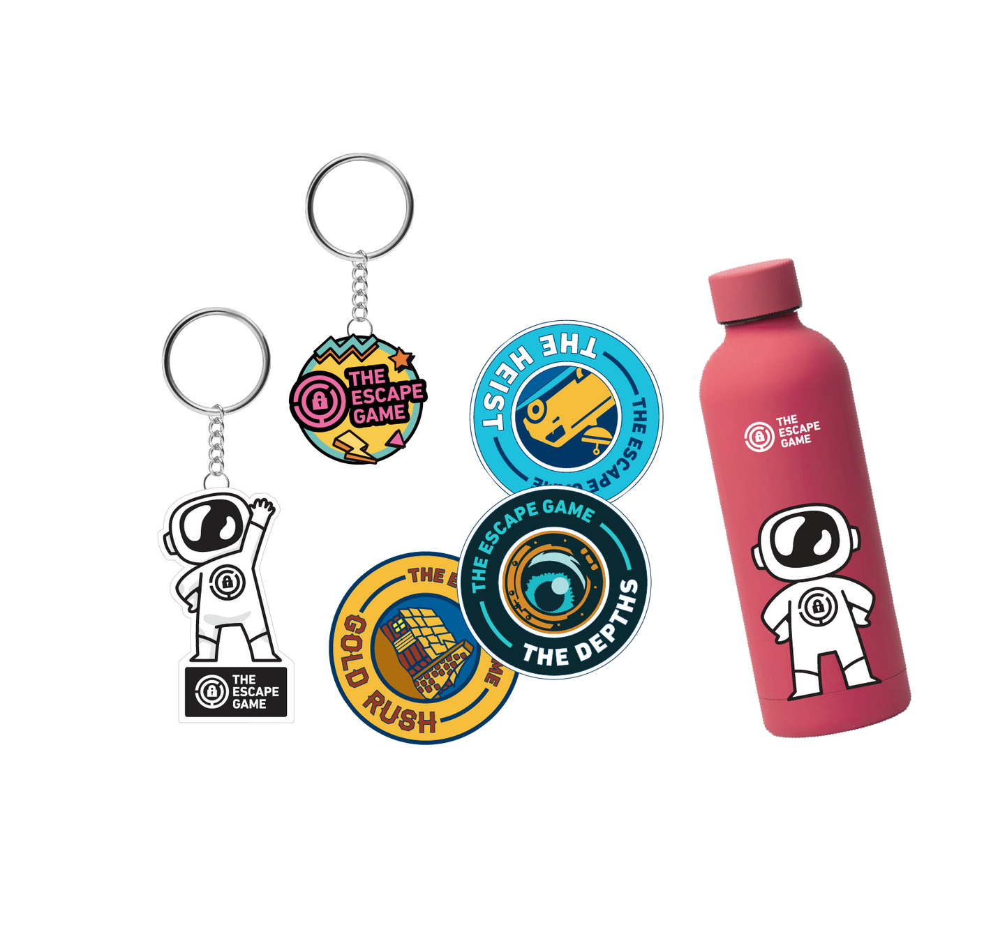 keychains, enamel pins, red water bottle